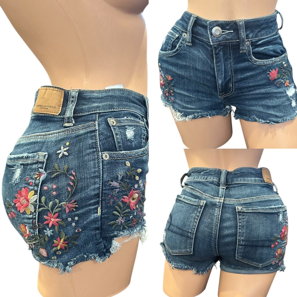 American Eagle Hi Rise Shortie Floral Embroidered Distressed Jean 2 Western boho